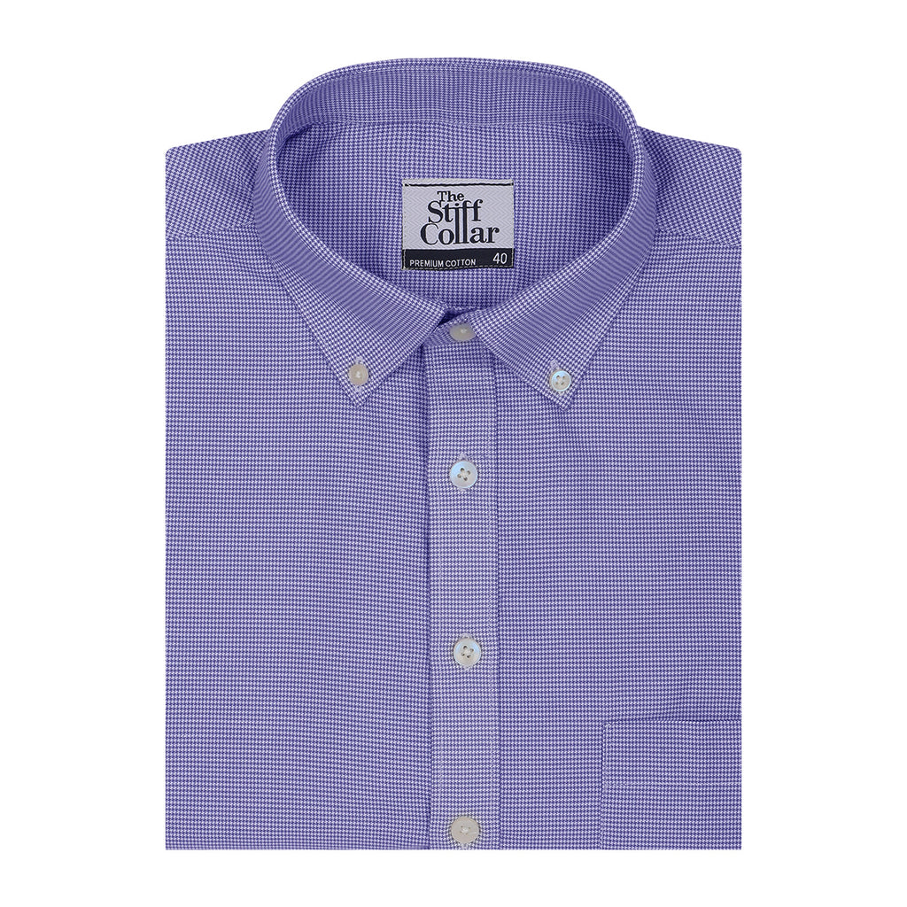 Cobalt Blue Houndstooth Button Down 2 Ply Cotton Shirt