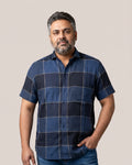 Blue with Black panels and Ivory White Check Lines Half Sleeve Shirt