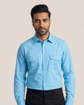 Breeze Blue Twill Double Flap Pocket Slim Fit Casual Shirt