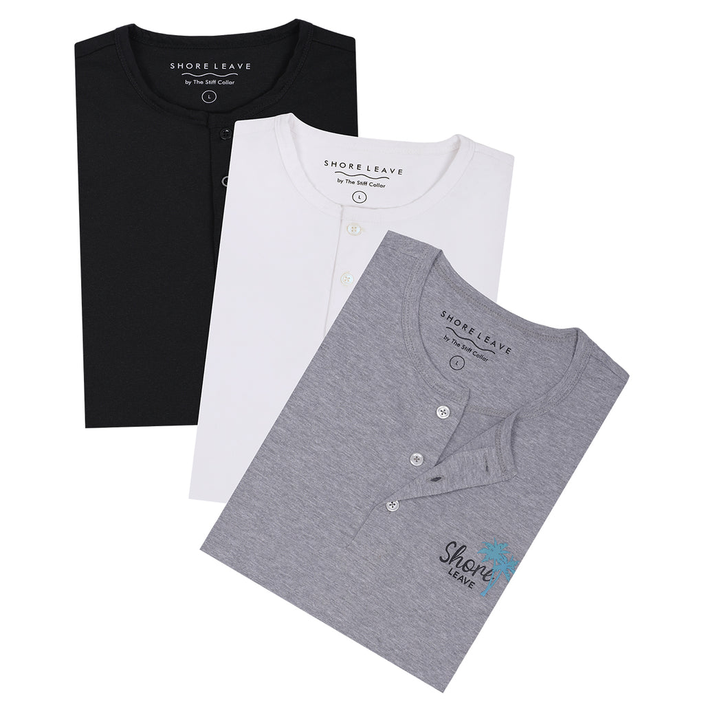 Premium 100 Cotton Henley T shirt Combo Pack Of 3 White Grey Black