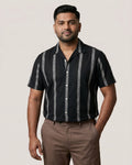 Carbon Black Jaquard Stripes Cuban Collar Half Sleeve Shirt