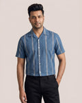 Carbon Blue Jaquard Stripes Cuban Collar Half Sleeve Shirt