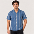 Carbon Blue Jaquard Stripes Cuban Collar Half Sleeve Shirt