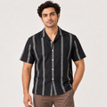 Carbon Black Jaquard Stripes Cuban Collar Half Sleeve Shirt