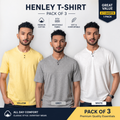 Premium 100% Pure Cotton Slub Henley T-Shirt Combo Pack Of 3 (White, Grey, Yellow)