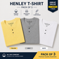 Premium 100% Pure Cotton Slub Henley T-Shirt Combo Pack Of 3 (White, Grey, Yellow)