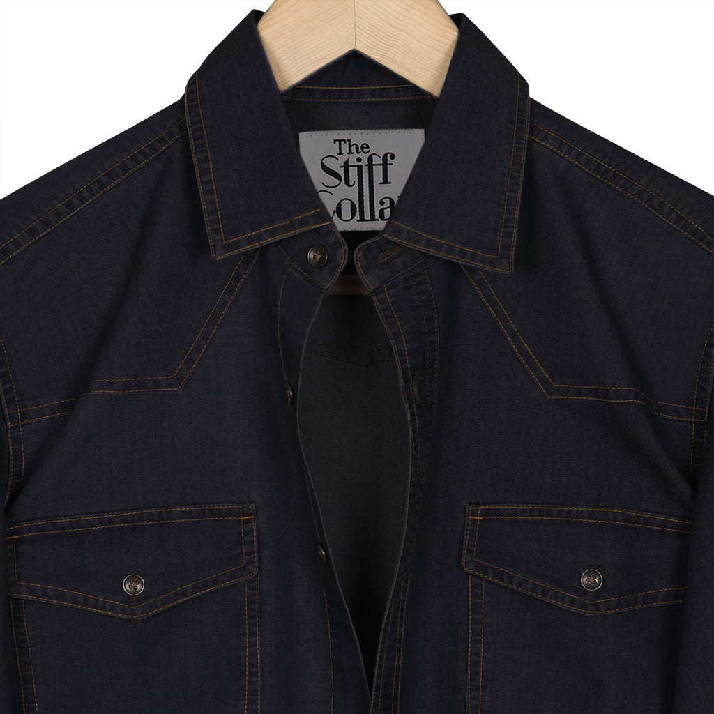 Carbon Black Raw Washed Denim Shirt Thestiffcollar