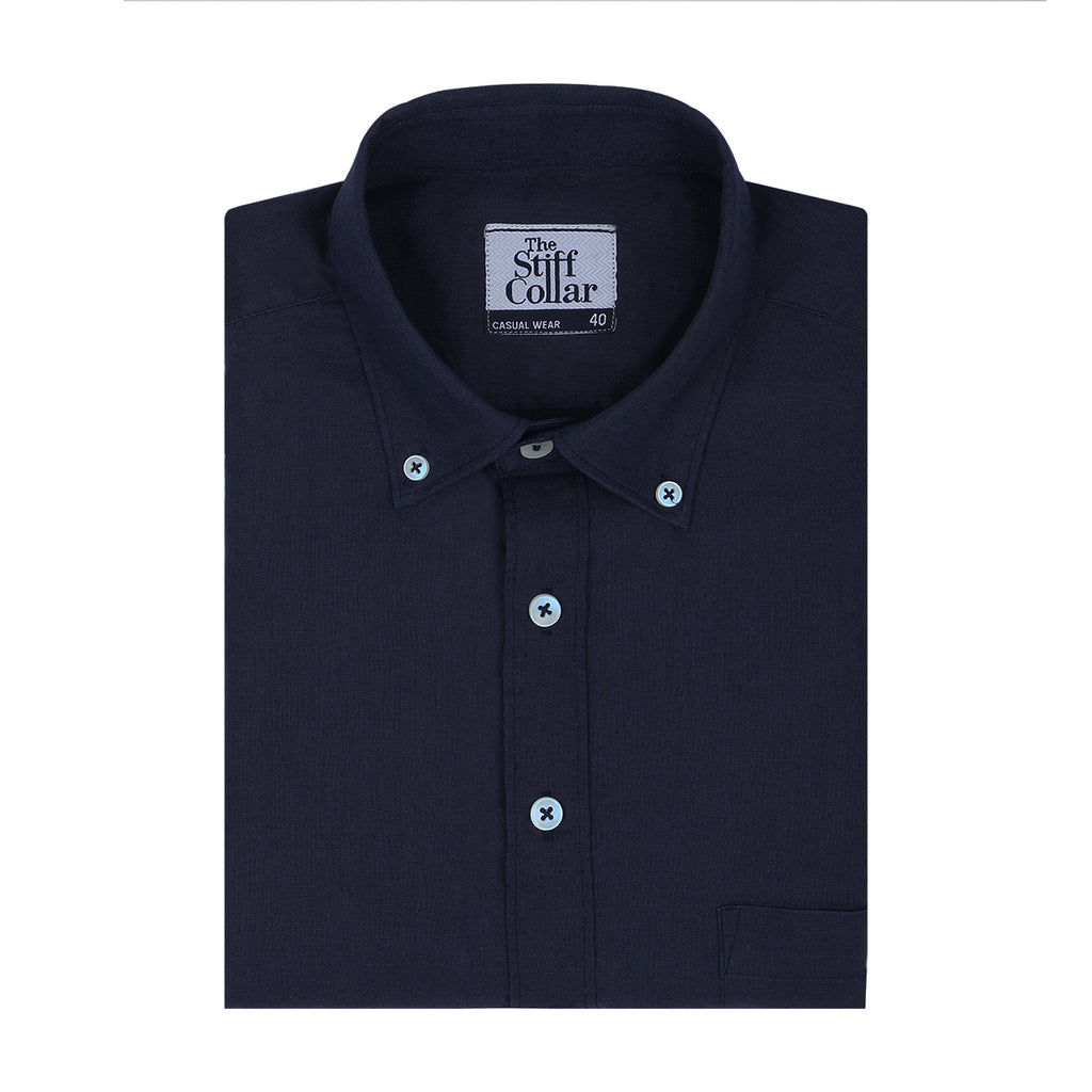 Navy Blue Button Down Cotton Linen Shirt