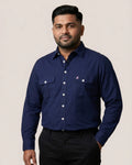 Electric Navy Twill Double Flap Pocket Slim Fit Casual Shirt