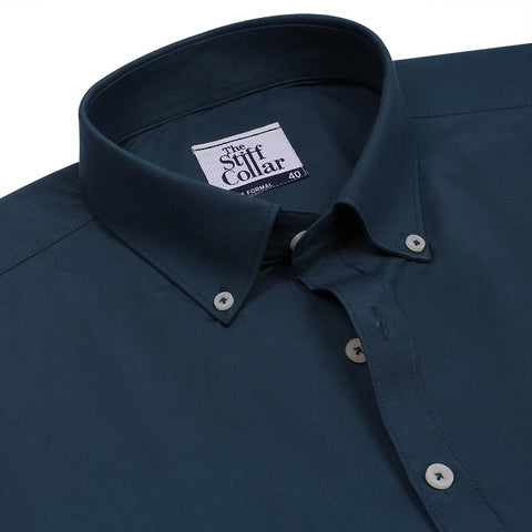 Navy Herringbone Denim Button Down Collar Regular Fit Shirt