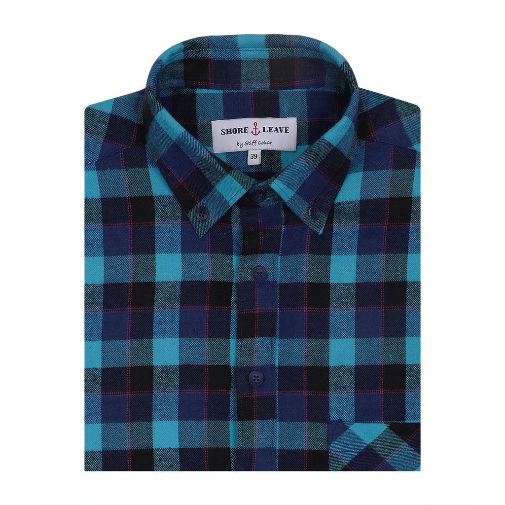 Navy Blue Check Flannel Button Down Casual Shirt