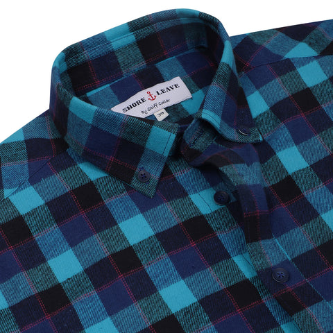 Luthai Storm Blue Glen Plaid Checks Half Sleeve 2 Ply Giza Cotton Shirt