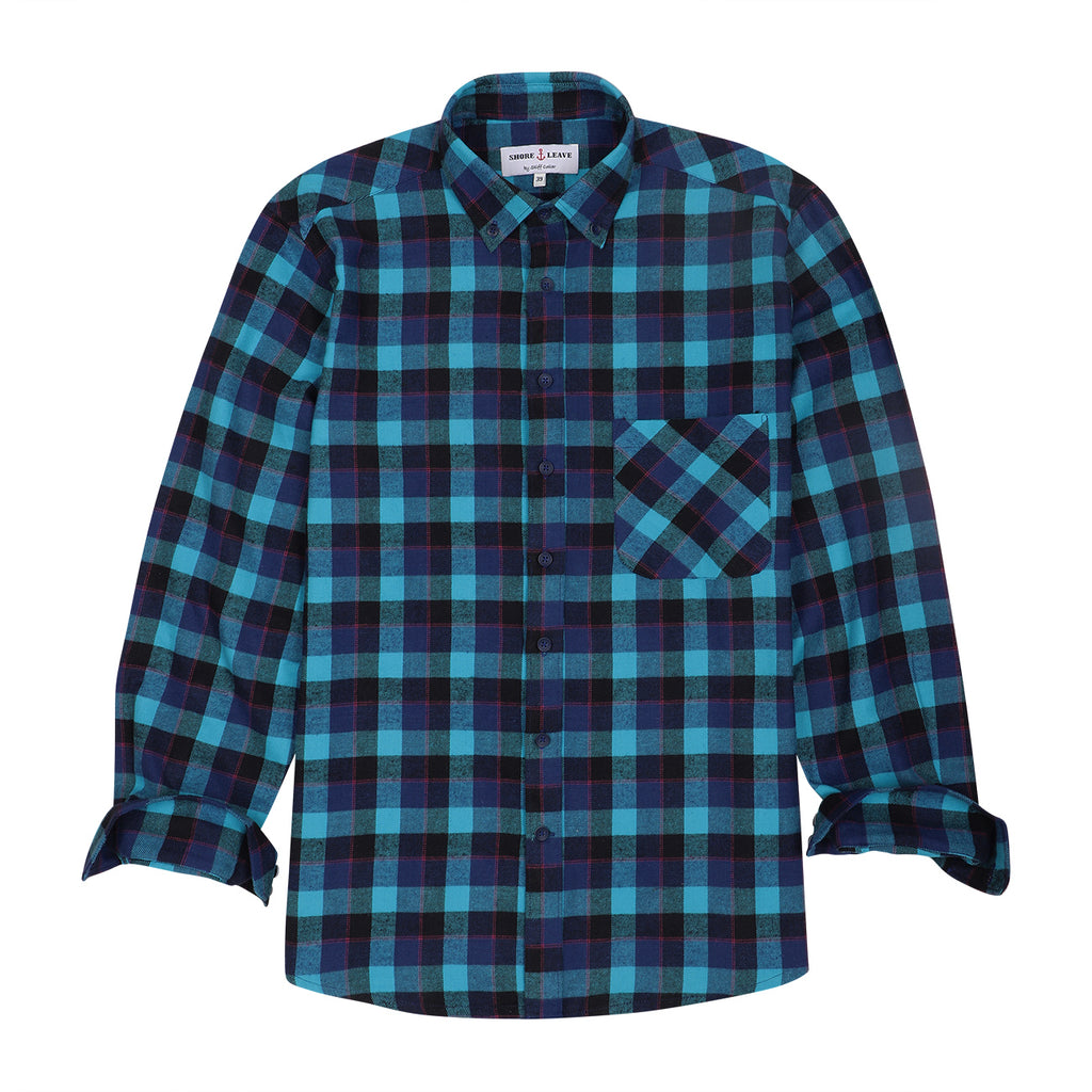 Navy Blue Check Flannel Button Down Casual Shirt