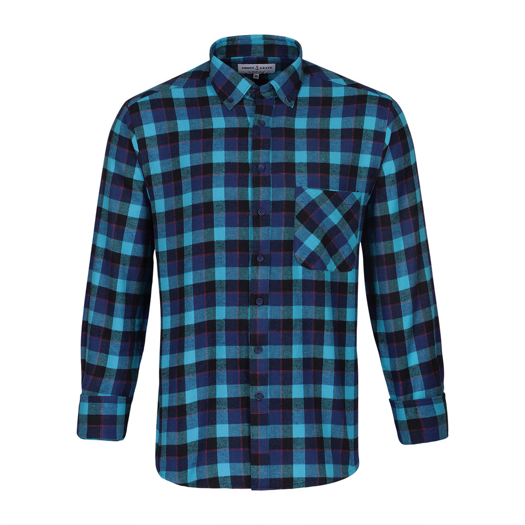 Navy Blue Check Flannel Button Down Casual Shirt