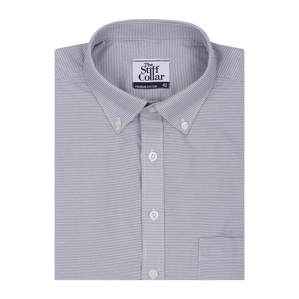 Silver Gray Houndstooth Button Down 2 Ply Cotton Shirt