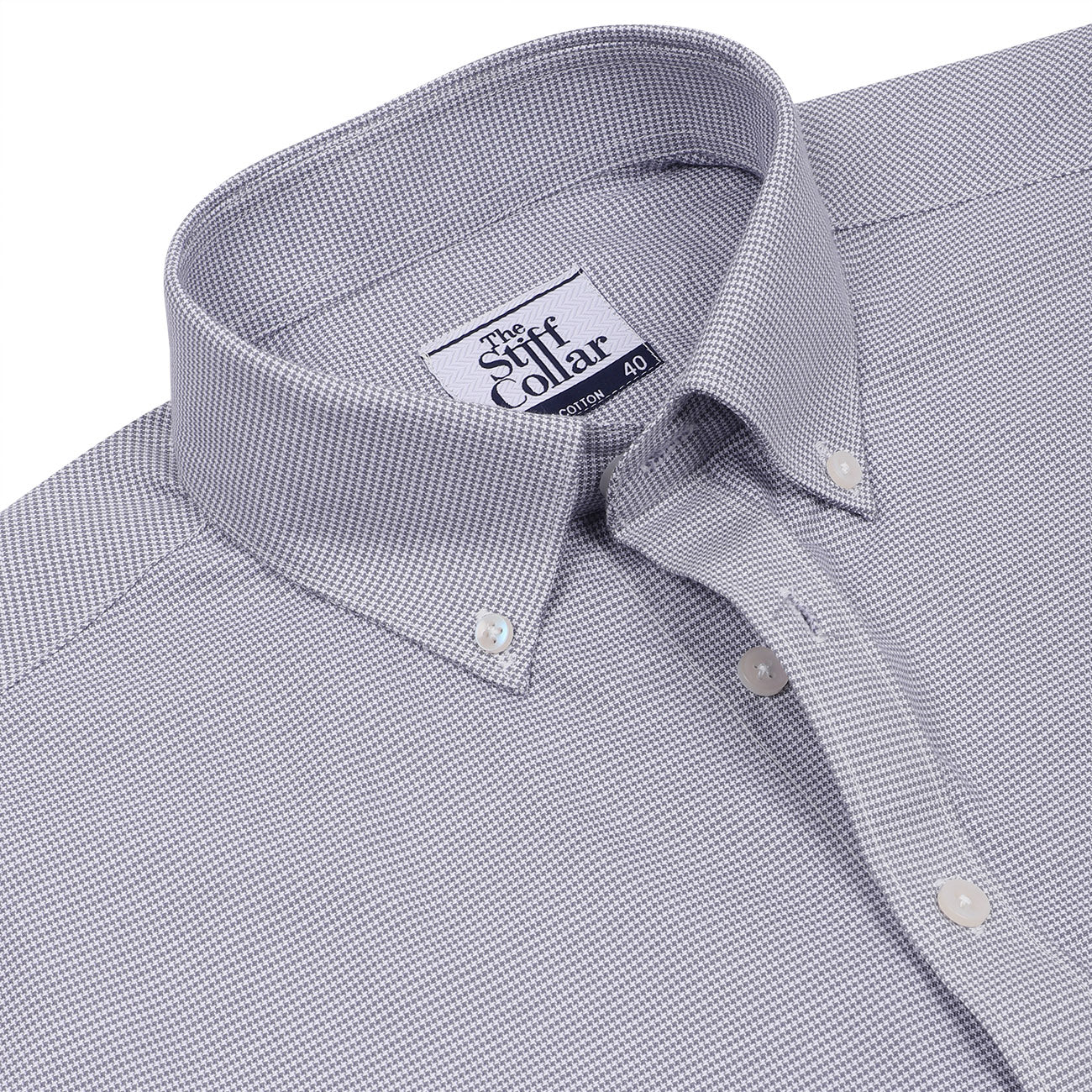 Silver Gray Houndstooth Button Down 2 Ply Cotton Shirt