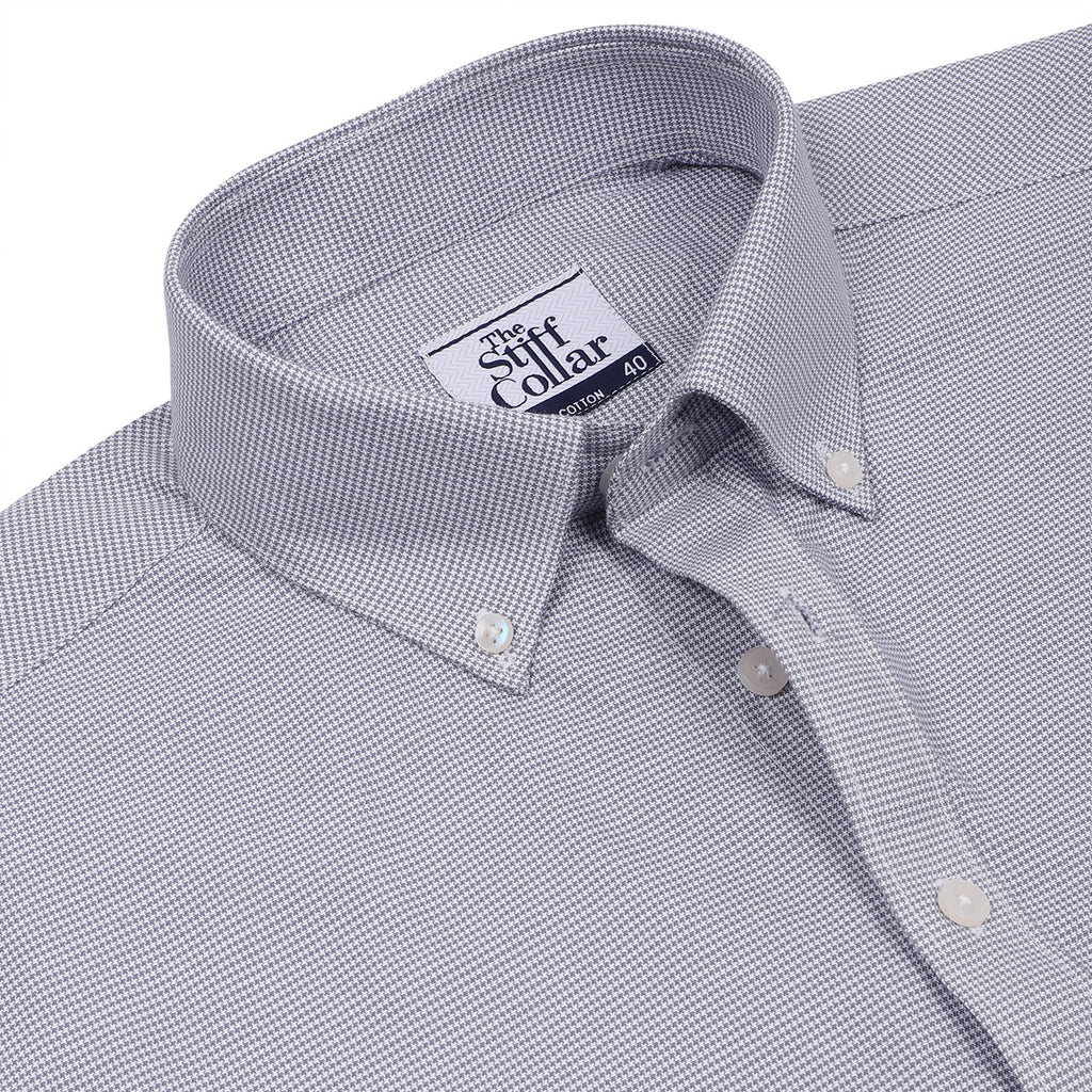 Silver Gray Houndstooth Button Down 2 Ply Cotton Shirt