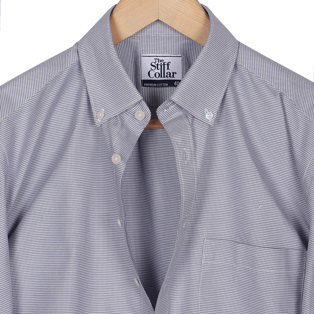 Silver Gray Houndstooth Button Down 2 Ply Cotton Shirt