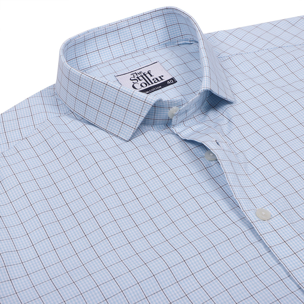 Ice Blue Checks and Dove White Half Sleeve Cotton Shirt Combo