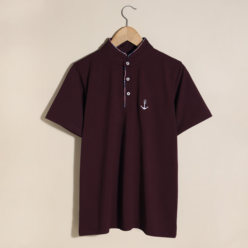 Maroon Mandarin Collar Premium T-shirt