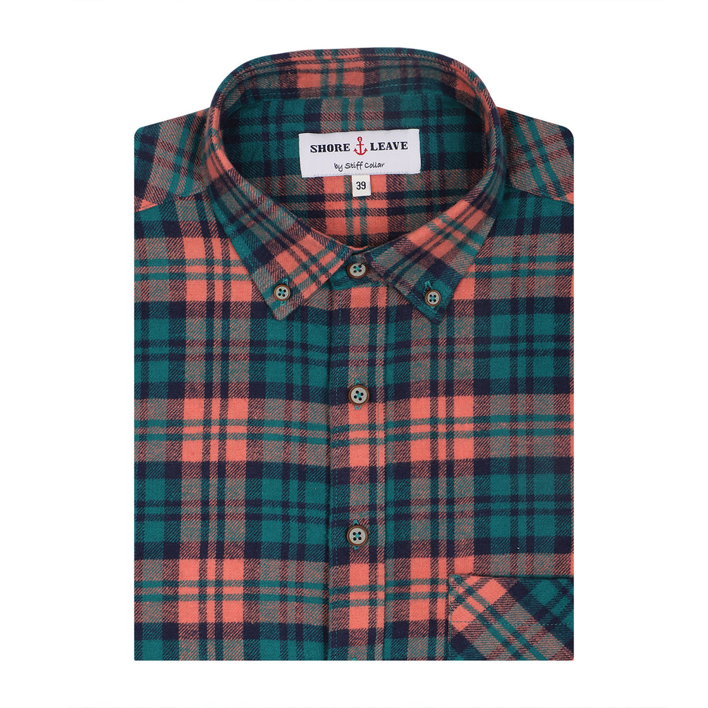 Orange Green Check Flannel Button Down Casual Shirt