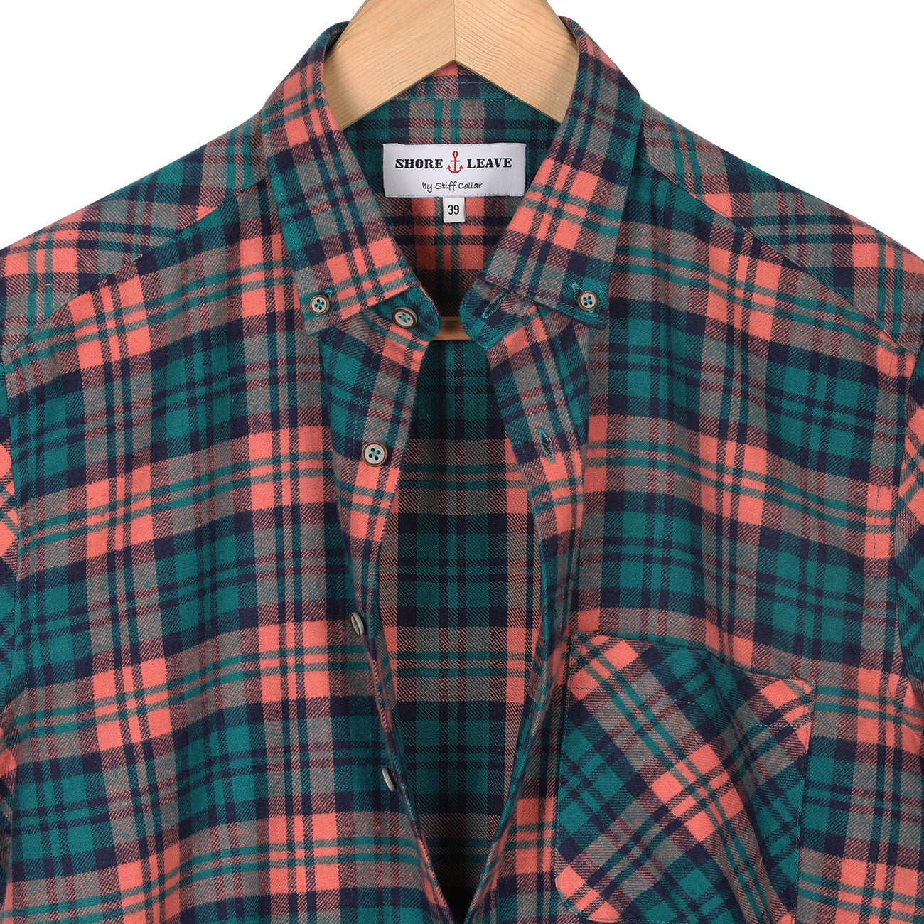 Orange Green Check Flannel Button Down Casual Shirt