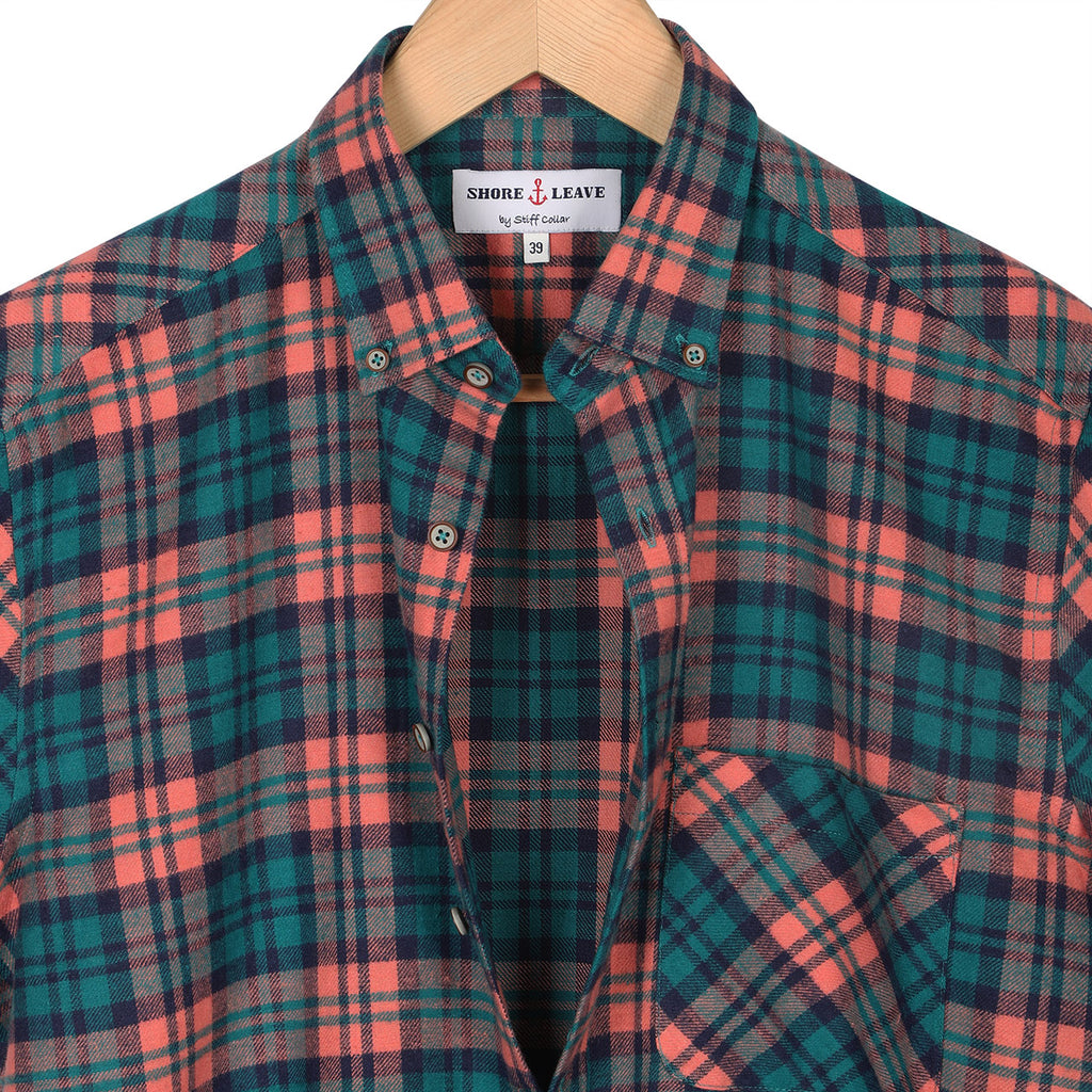 Orange Green Check Flannel Button Down Casual Shirt