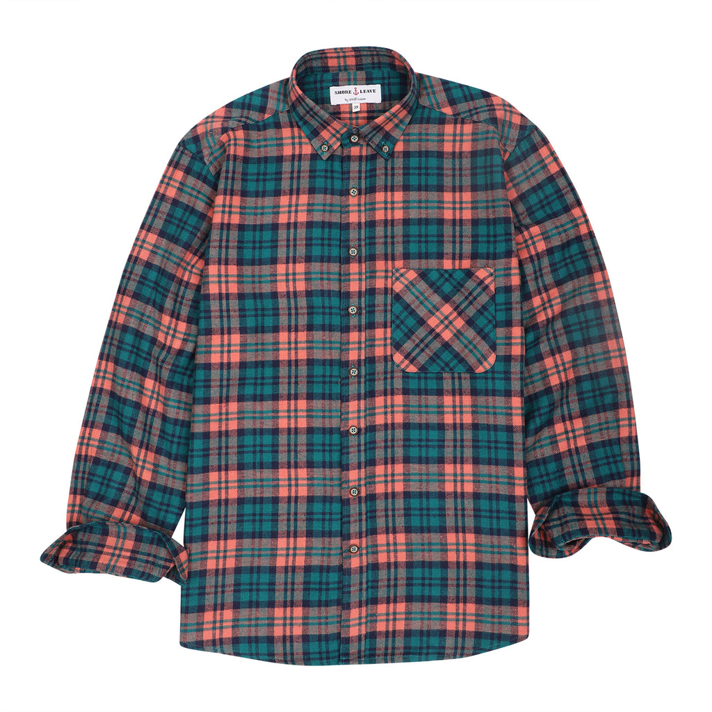 Orange Green Check Flannel Button Down Casual Shirt