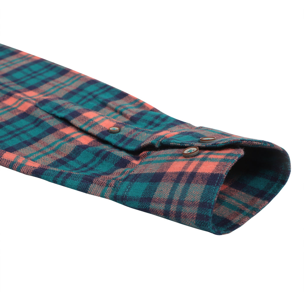 Orange Green Check Flannel Button Down Casual Shirt