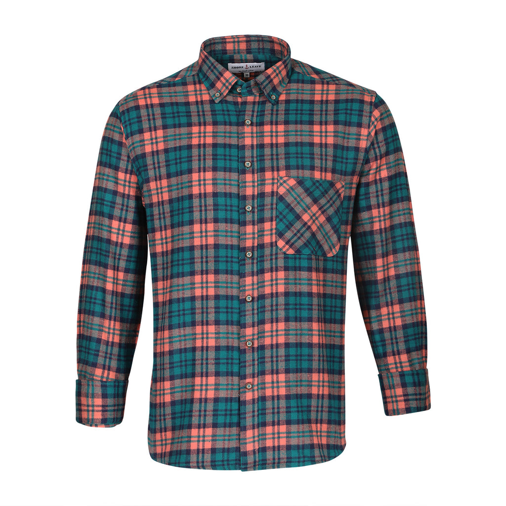 Orange Green Check Flannel Button Down Casual Shirt