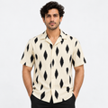 Double-Cloth Cream Patch Print Cuban Collar Half Sleeve Shirt