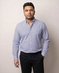 Navy Blue Microcheck Button Down Cotton Blend Shirt