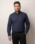Navy Windowpane Check Button Down Cotton Shirt