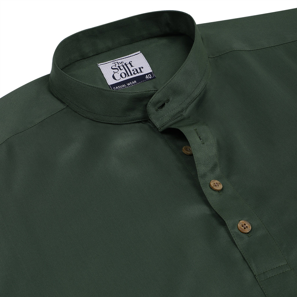 Bottle Green Satin Rolled Up Sleeves Premium Kurta Shirt