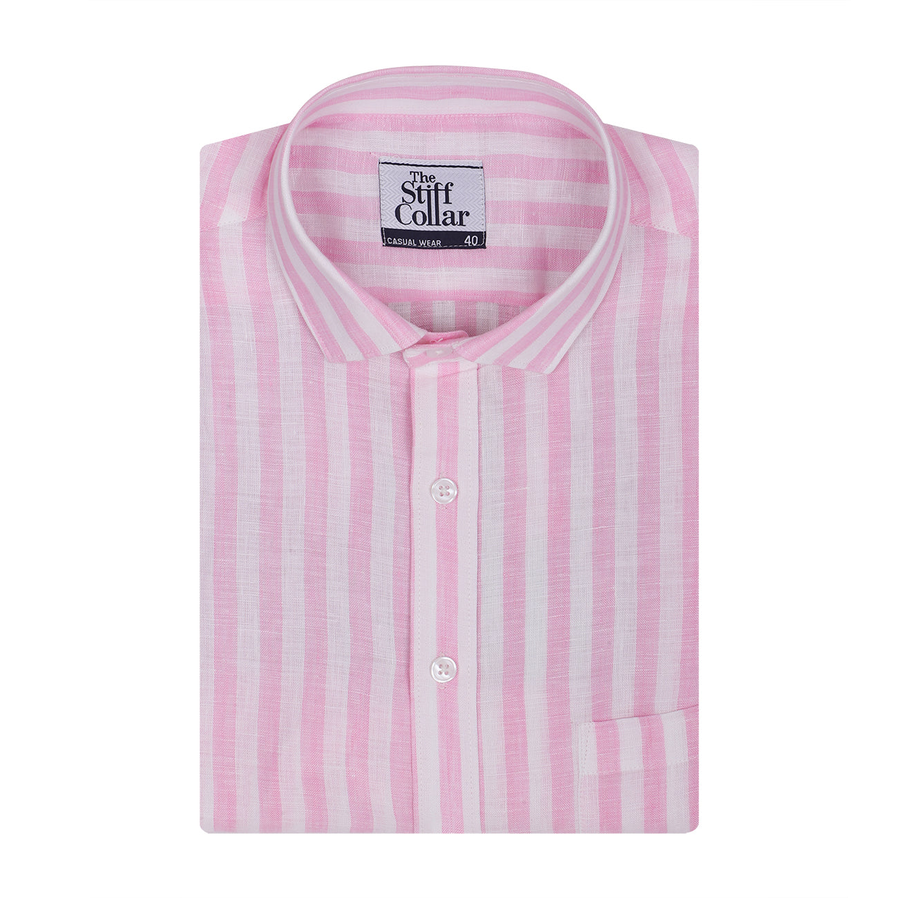 White Pink Candy Stripe Linen Half Sleeve Cotton Shirt