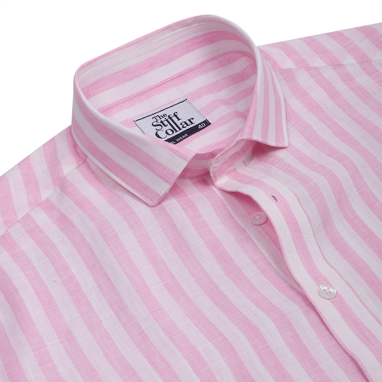 White Pink Candy Stripe Linen Half Sleeve Cotton Shirt