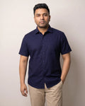 Steel Blue Cotton Linen Half Sleeve Shirt