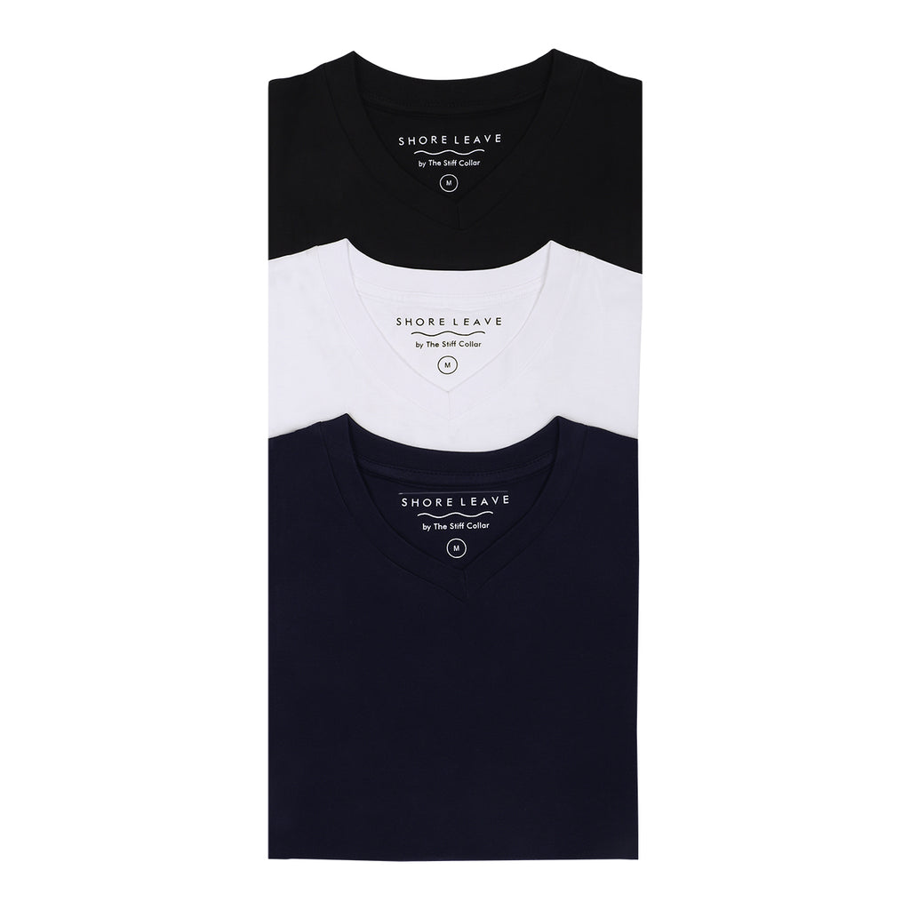 Soft Enzyme Washed Plain V neck T-shirt Combo Pack Of 3 (White, Navy, Black)
