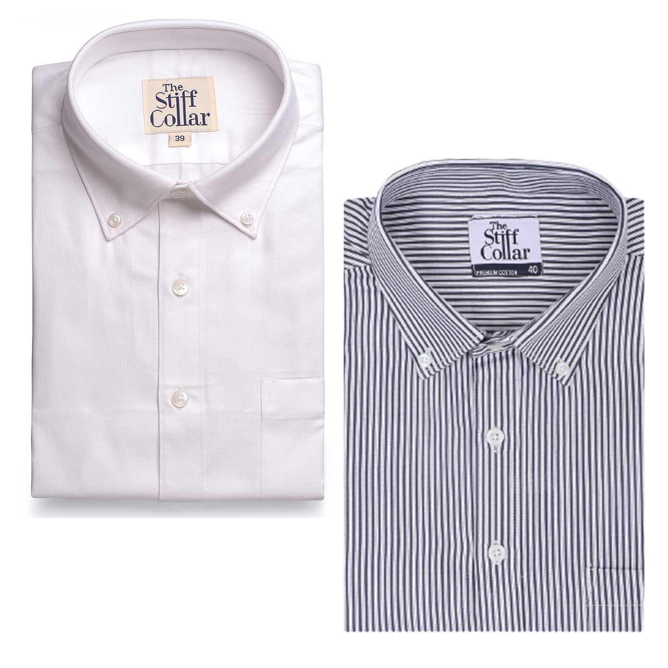 Premium White Herringbone And French Navy Stripes Button Down Collar Cotton Shirt Combo