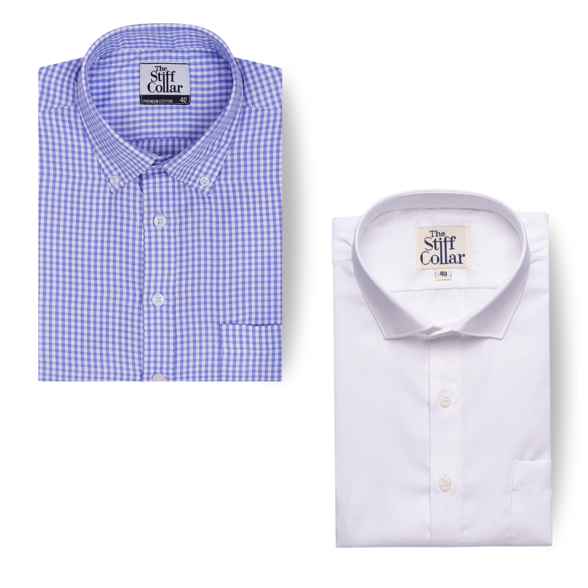 White Oxford Half Sleeve And Vichy Blue Gingham Button-Down Cotton Shirt Combo