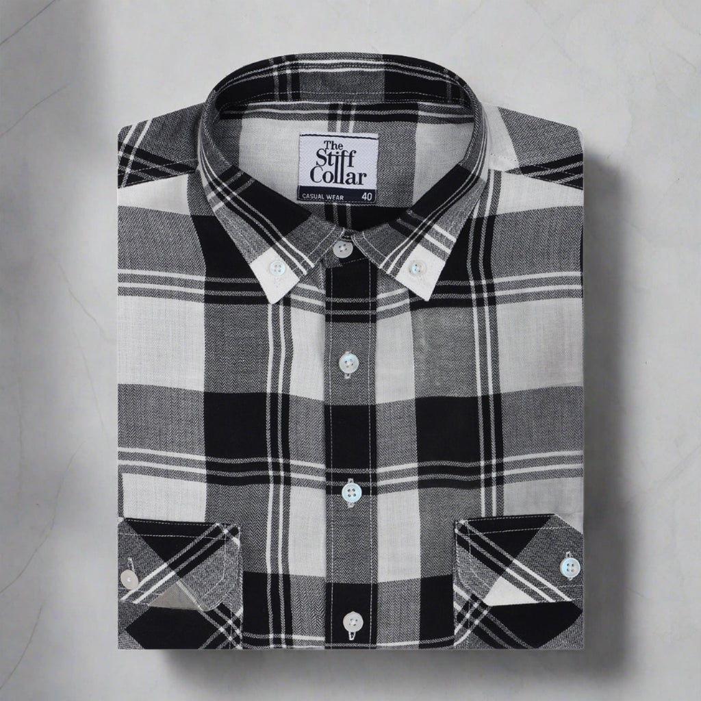 White Black Check Light-weighted Washed Button Down Casual Shirt
