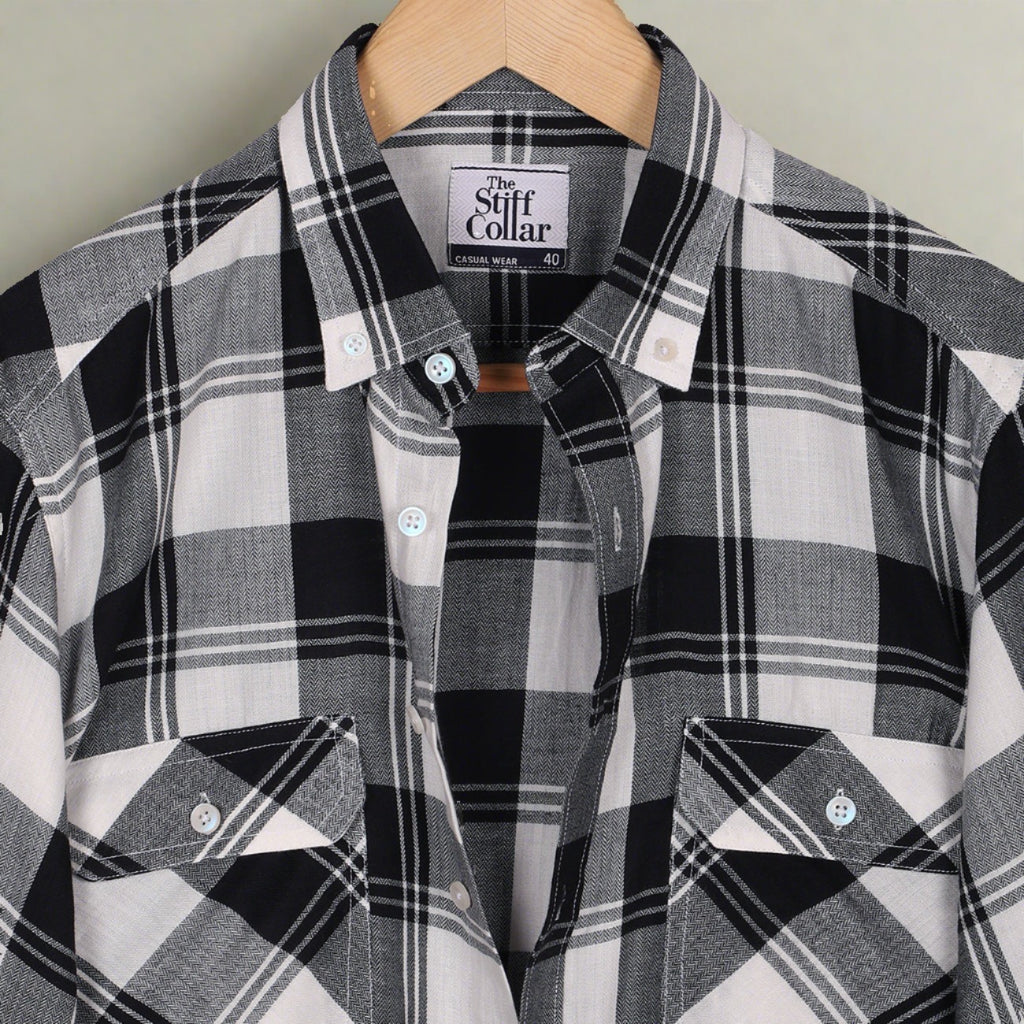 White Black Check Light-weighted Washed Button Down Casual Shirt