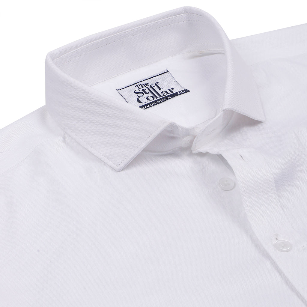 Luthai Admiral White Herringbone Half Sleeve 2 Ply Giza Cotton Shirt