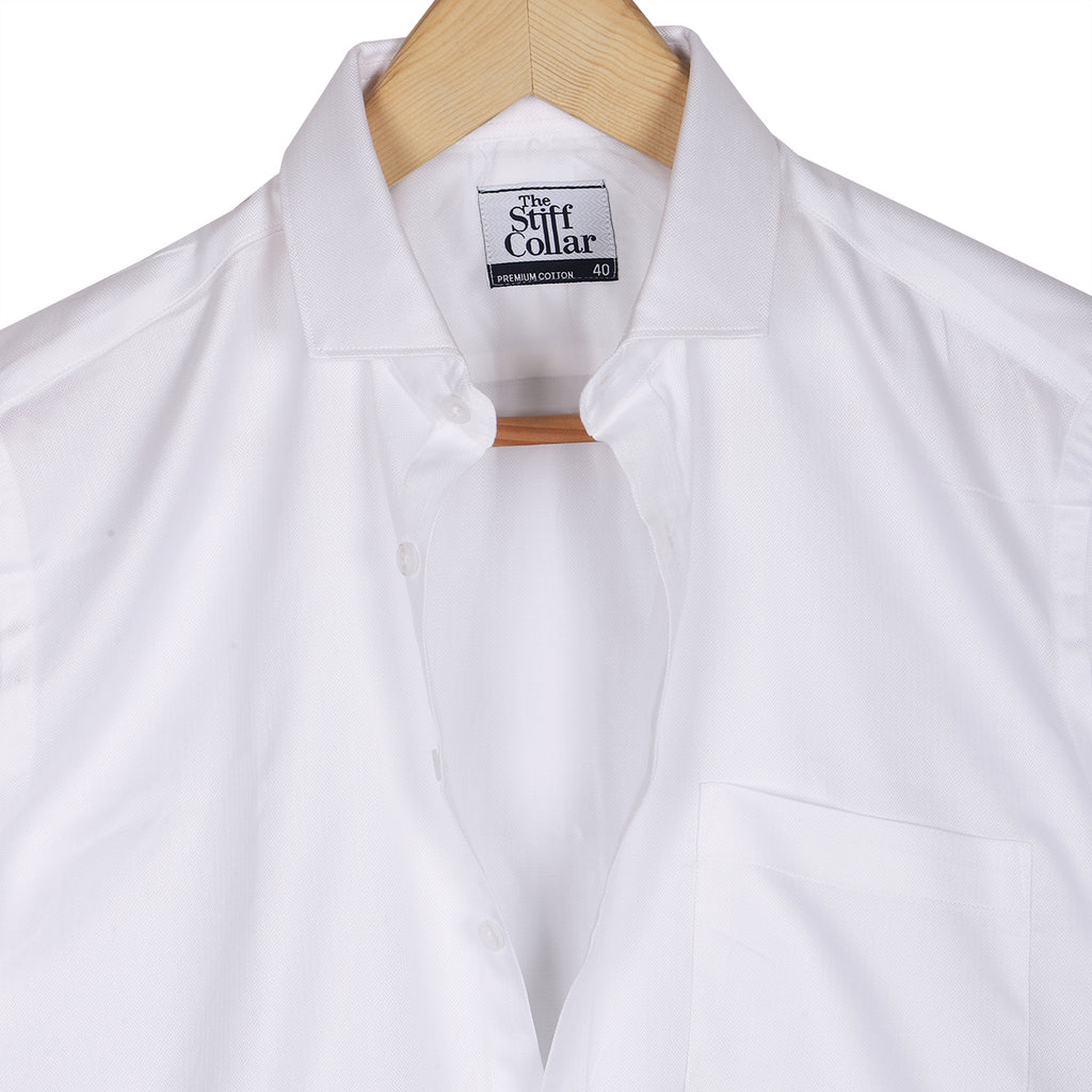Luthai Admiral White Herringbone Half Sleeve 2 Ply Giza Cotton Shirt