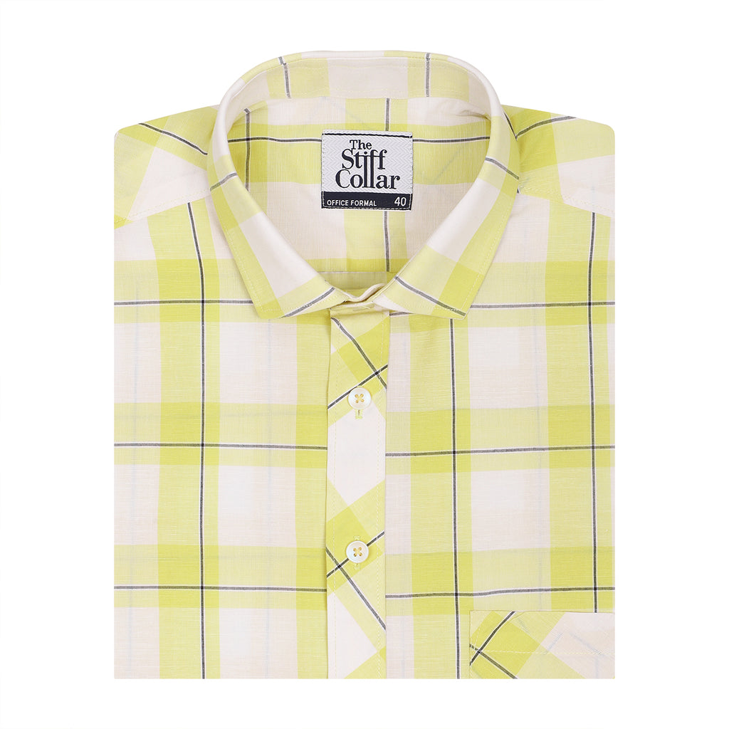 Yellow White Big Checks Half Sleeves Shirt