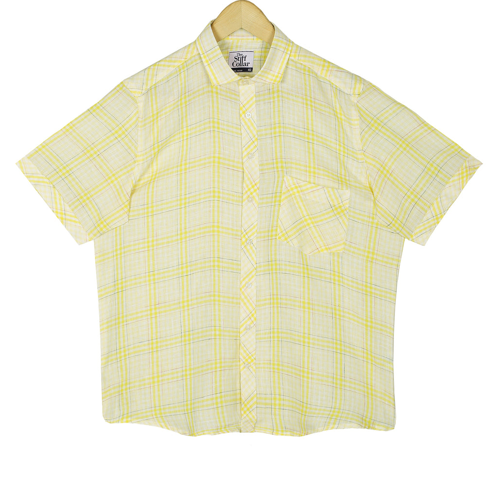 Pastel Yellow Checks Pure Linen Half Sleeve Shirt