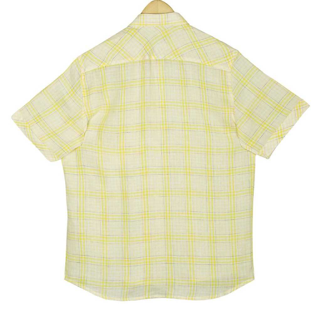 Pastel Yellow Checks Pure Linen Half Sleeve Shirt