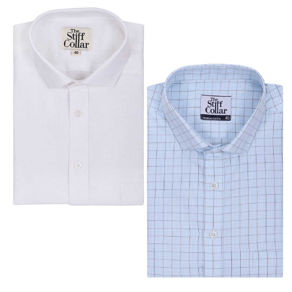Ice Blue Checks and Dove White Half Sleeve Cotton Shirt Combo