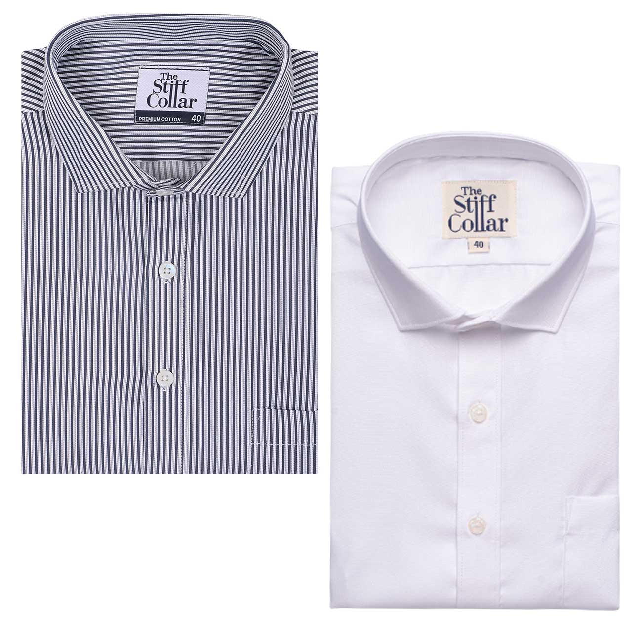 White Oxford And French Stripes Half Sleeve Cotton Shirt Combo