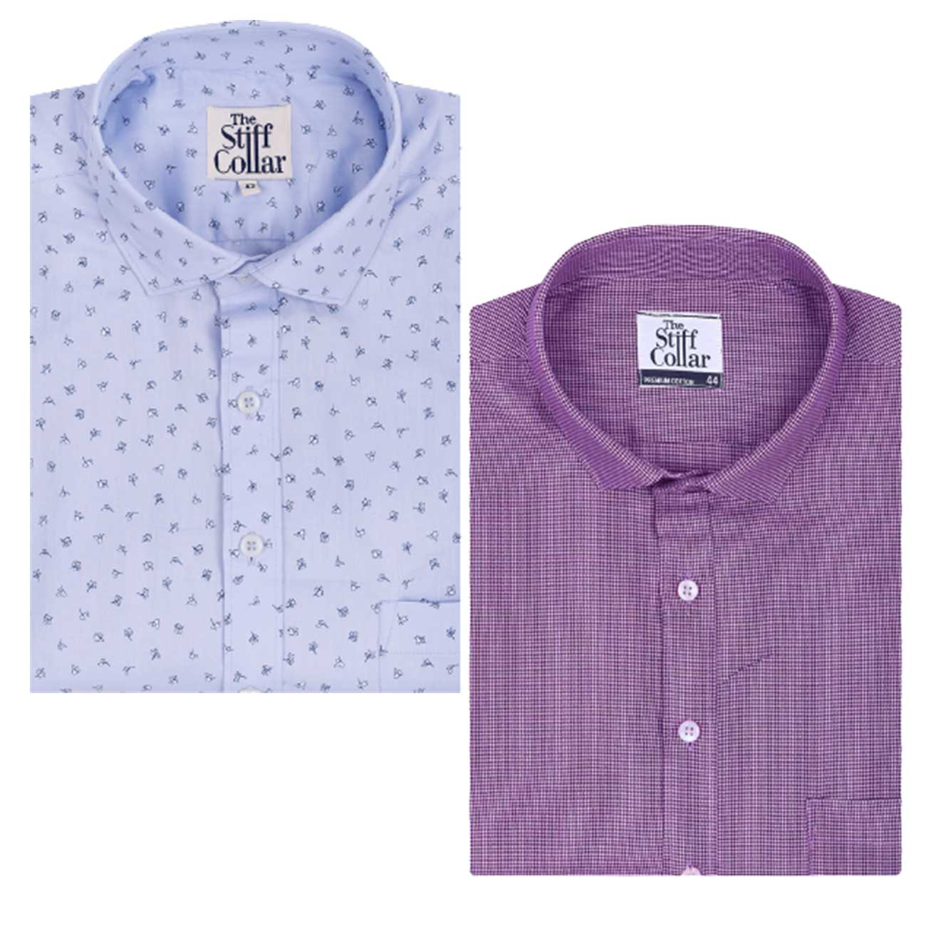 Iris Purple And Blue Floral Twill Half Sleeve Cotton Shirt Combo